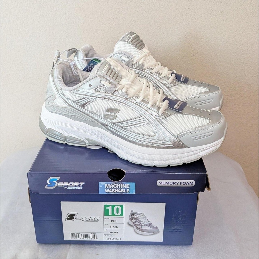 New Skechers S Sport Men's Stark Memory Foam Sneakers Shoes White Silver Size 10